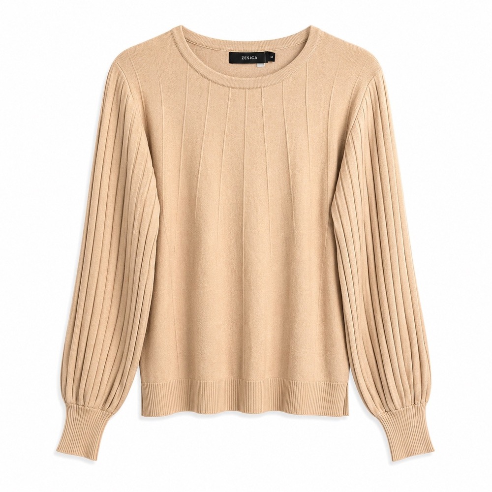 ZESICA Beige Lantern Sleeve Ribbed Knit Sweater Large NWT